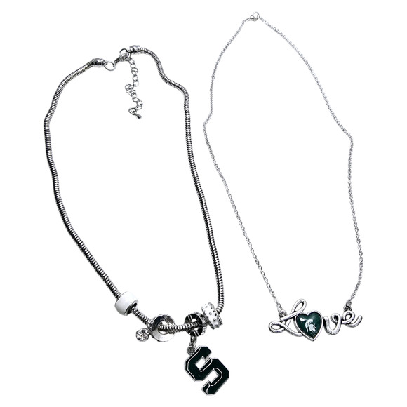 2 Michigan State University Spartans MSU Pendant Necklaces 5 Charm Love Silver T - Picture 1 of 6